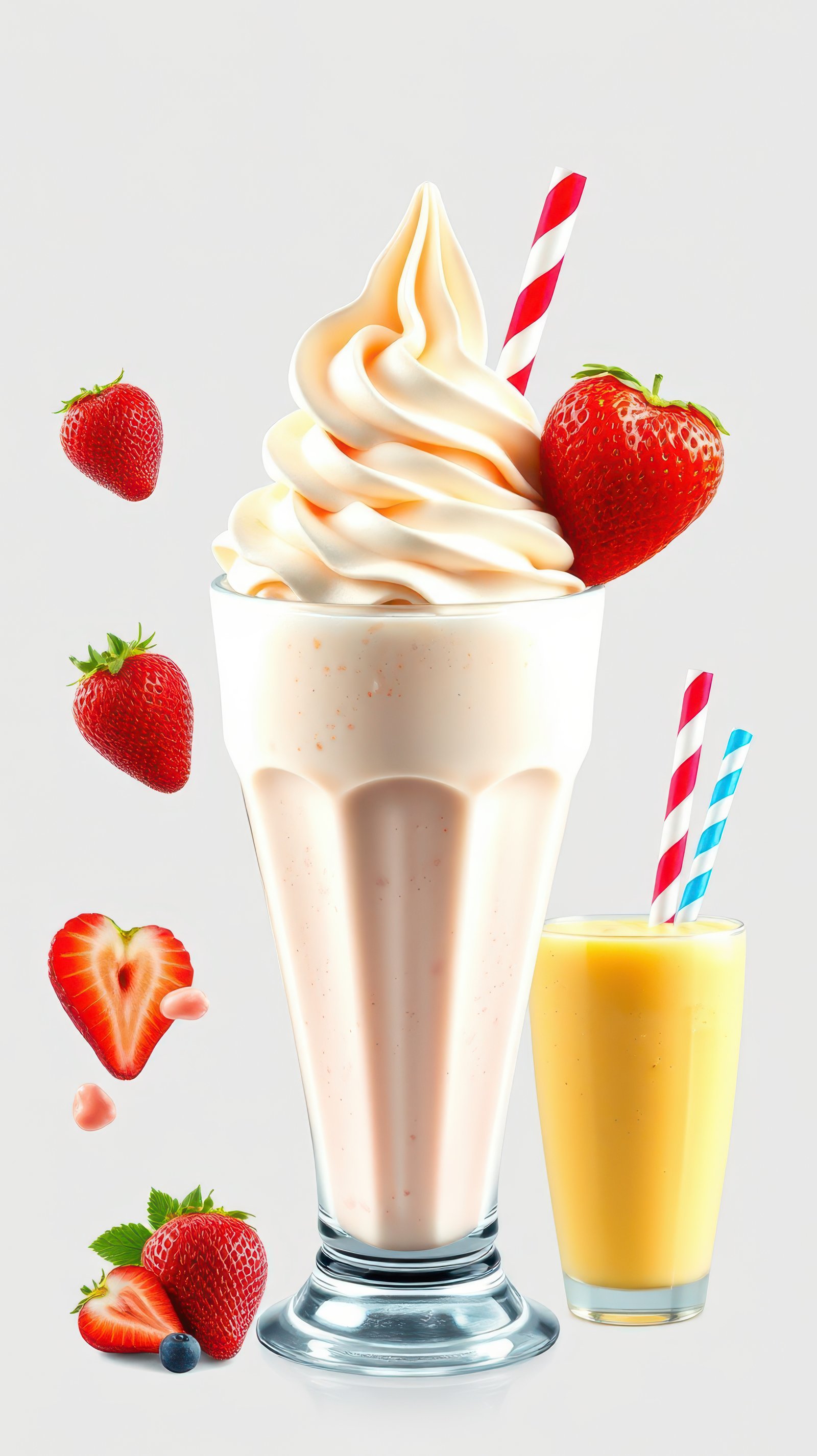 Delicious strawberry milkshake served in a tall glass with a smaller fruit drink alongside
